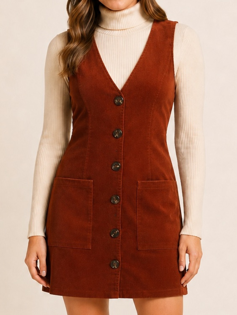 One Clothing Rust Corduroy Button Front Pinafore Mini Dress M